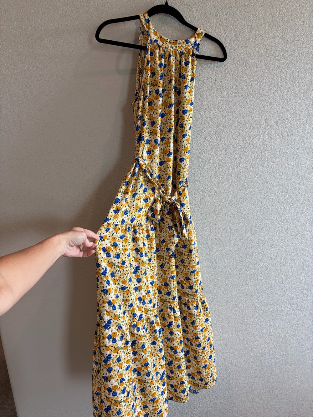 PRETTYGARDEN Yellow Blue Floral Tie Waist Maxi Dress - Medium